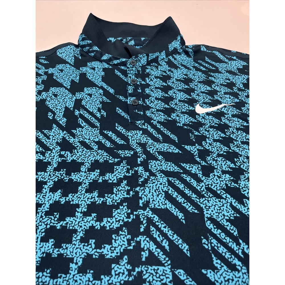 Nike Men's Large Polo Shirt Dri-Fit Dark Teal Blue Geometric Pattern 685240-464